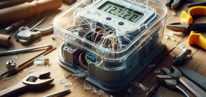 Picture of a damaged Smart Meter on a work bench